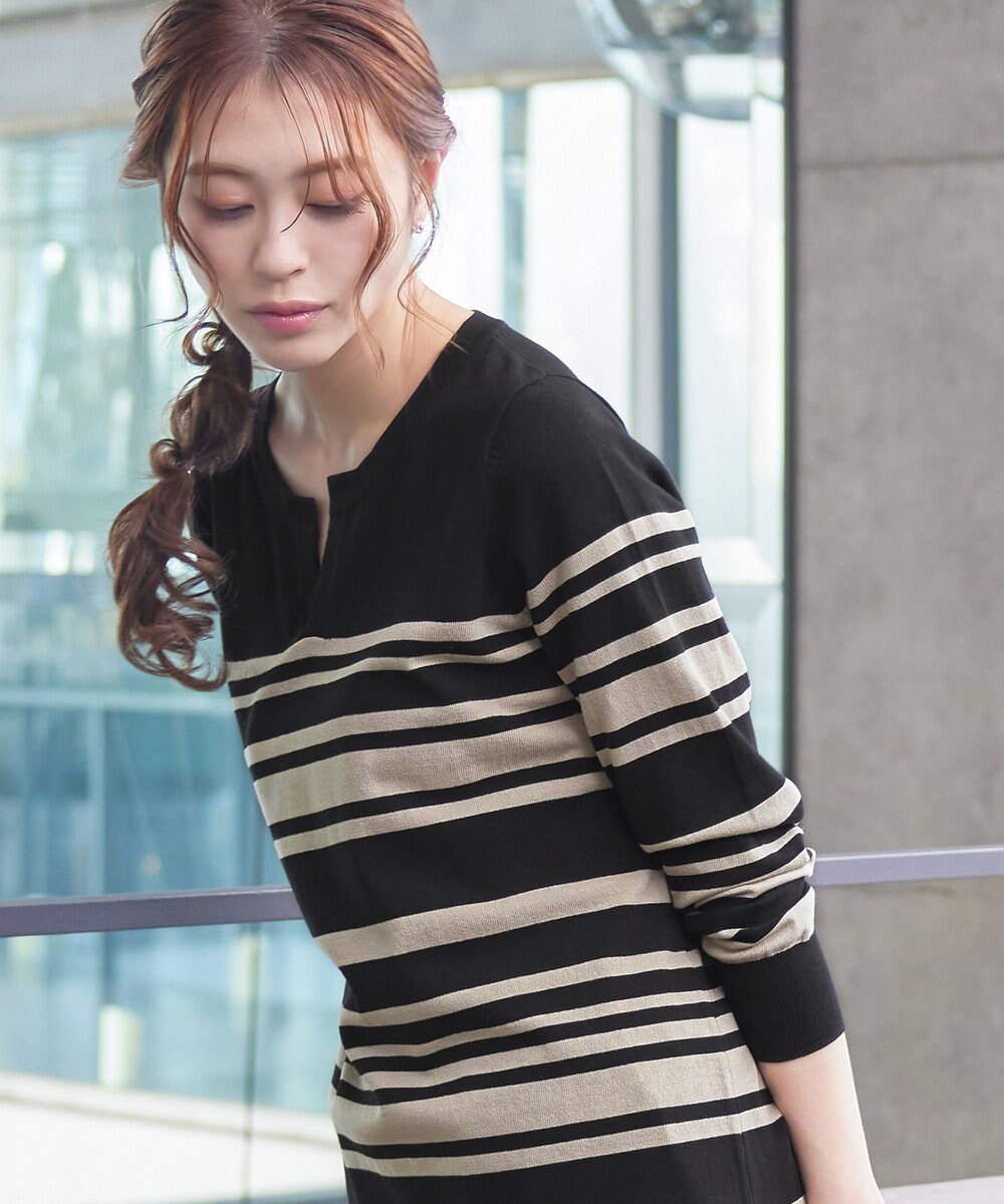 Tiaclasse 【洗える】キーネックボーダーニットチュニック 