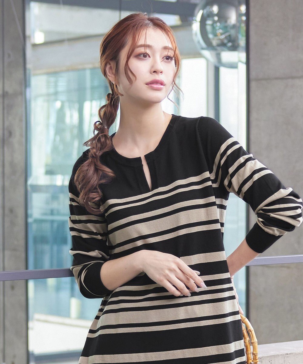 Tiaclasse 【洗える】キーネックボーダーニットチュニック 