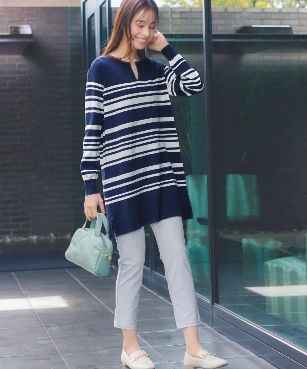 Tiaclasse 【洗える】キーネックボーダーニットチュニック 