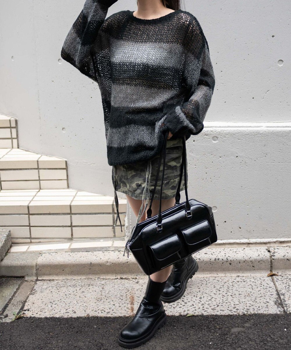 WEGO ボーダーモヘアタッチメッシュニットプルオーバー 