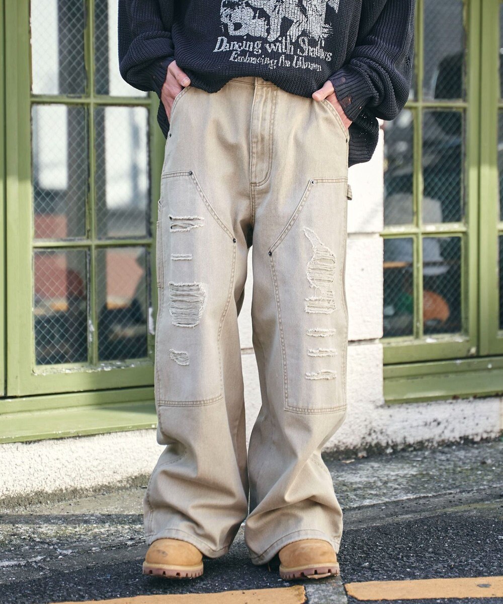 WEGO ダブルニーダメージデニムパンツ 