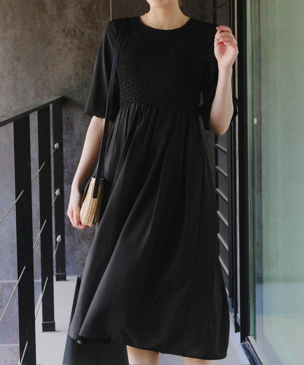 Tiaclasse 【洗える】シャーリングパフスリーブシアーワンピース 