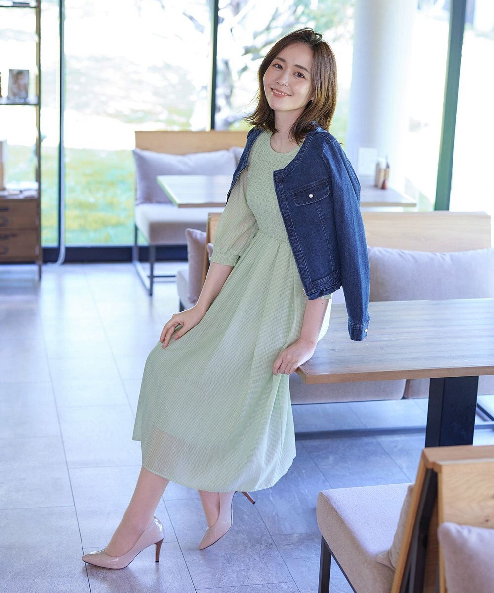 Tiaclasse 【洗える】シャーリングパフスリーブシアーワンピース 