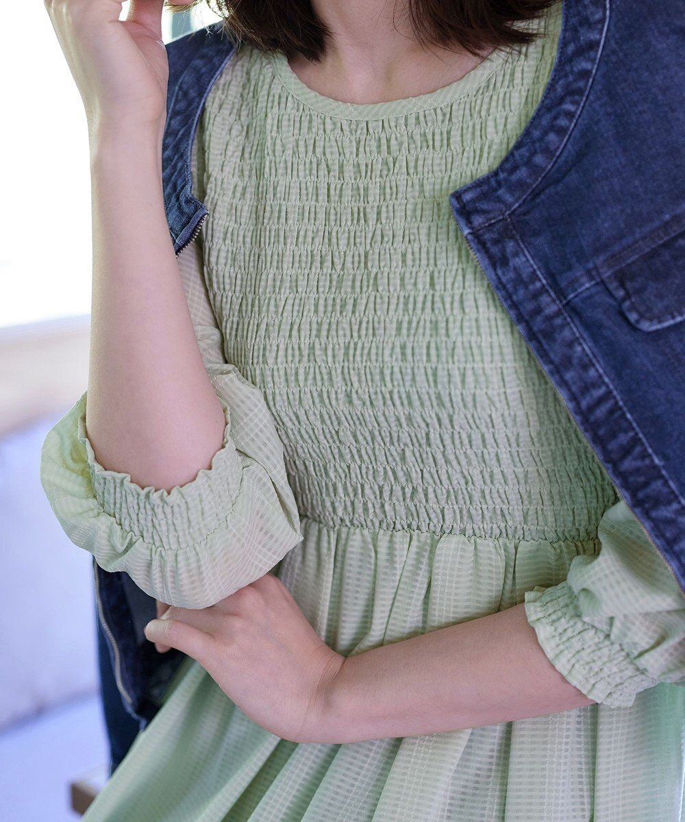 Tiaclasse 【洗える】シャーリングパフスリーブシアーワンピース 