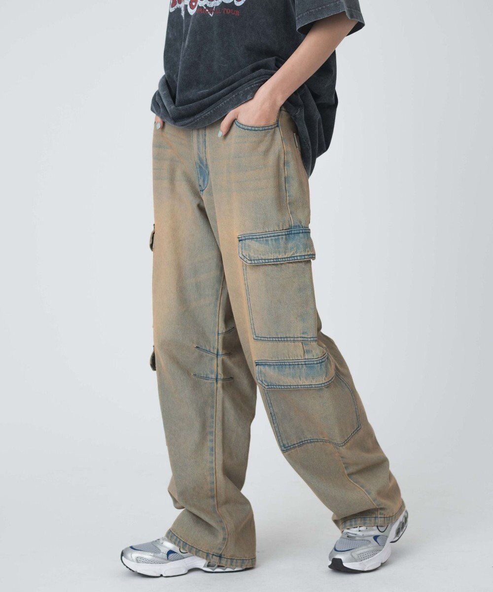 WEGO ヴィンテージウォッシュデニムカーブカーゴパンツ 