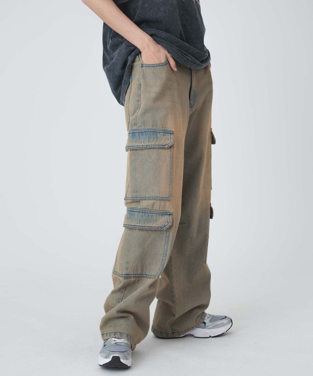 WEGO ヴィンテージウォッシュデニムカーブカーゴパンツ 