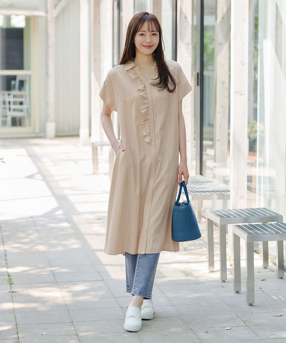 Tiaclasse L 【洗える】ストライプフリルシャツワンピース 