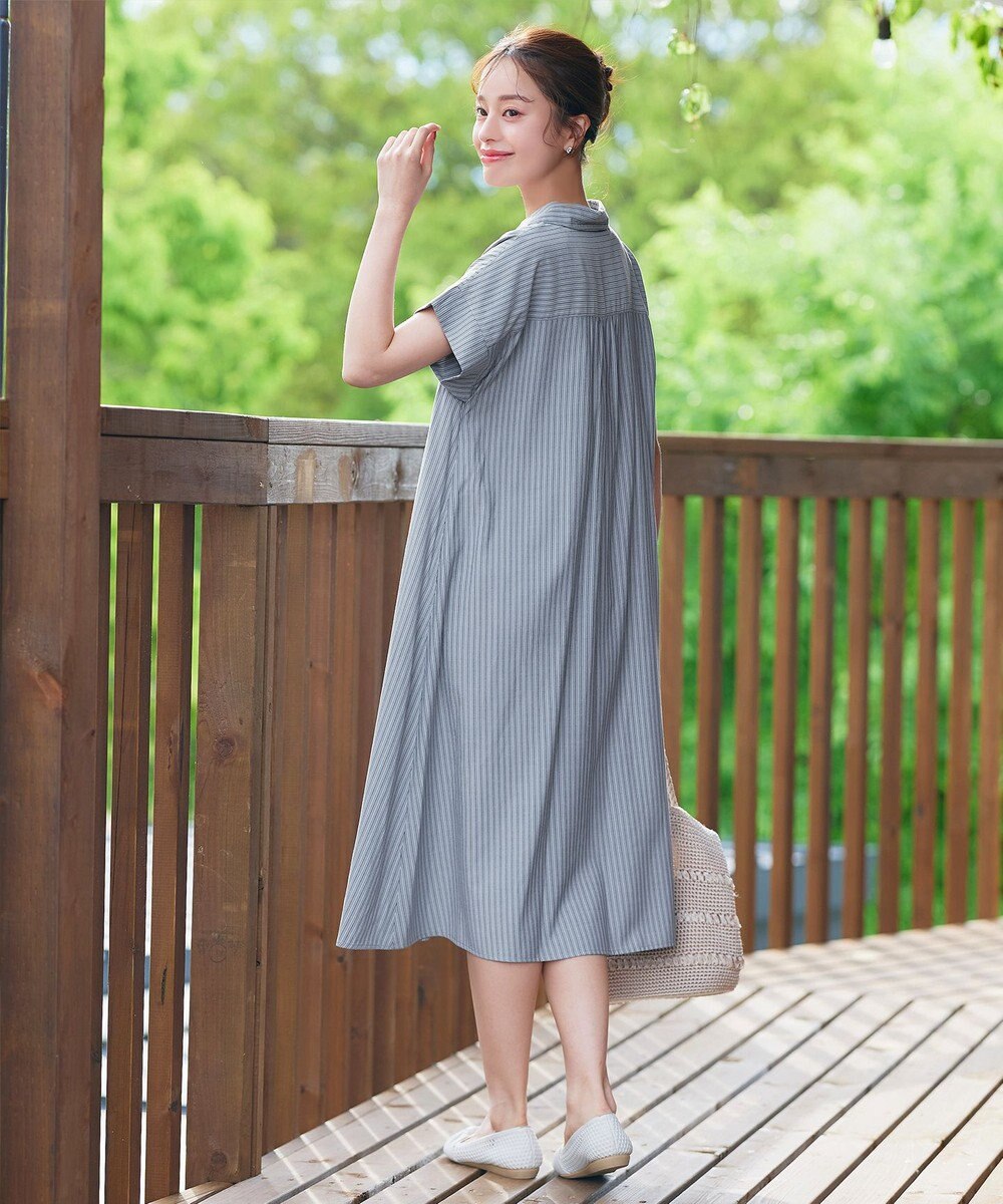 Tiaclasse L 【洗える】ストライプフリルシャツワンピース 