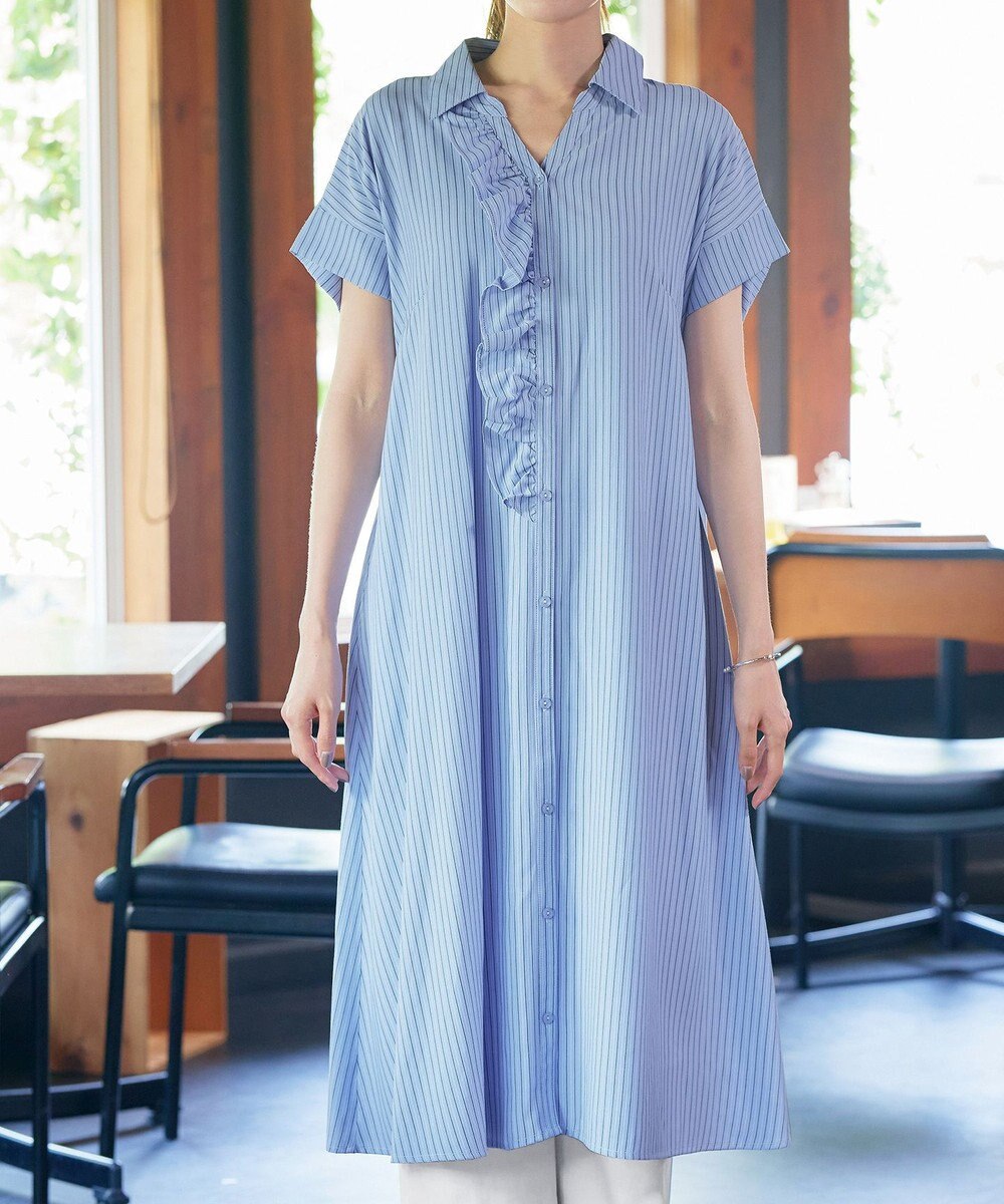 Tiaclasse L 【洗える】ストライプフリルシャツワンピース 