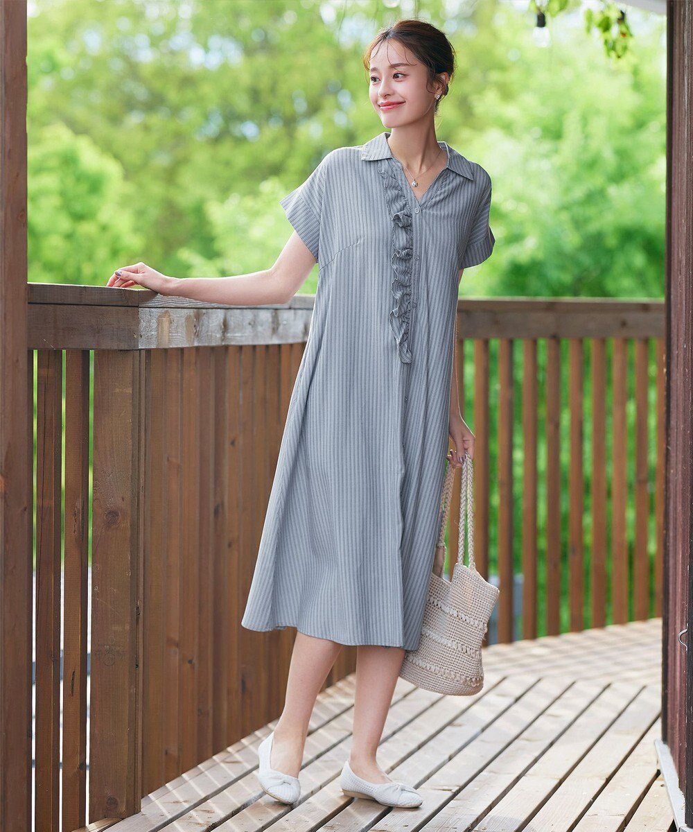 Tiaclasse L 【洗える】ストライプフリルシャツワンピース 