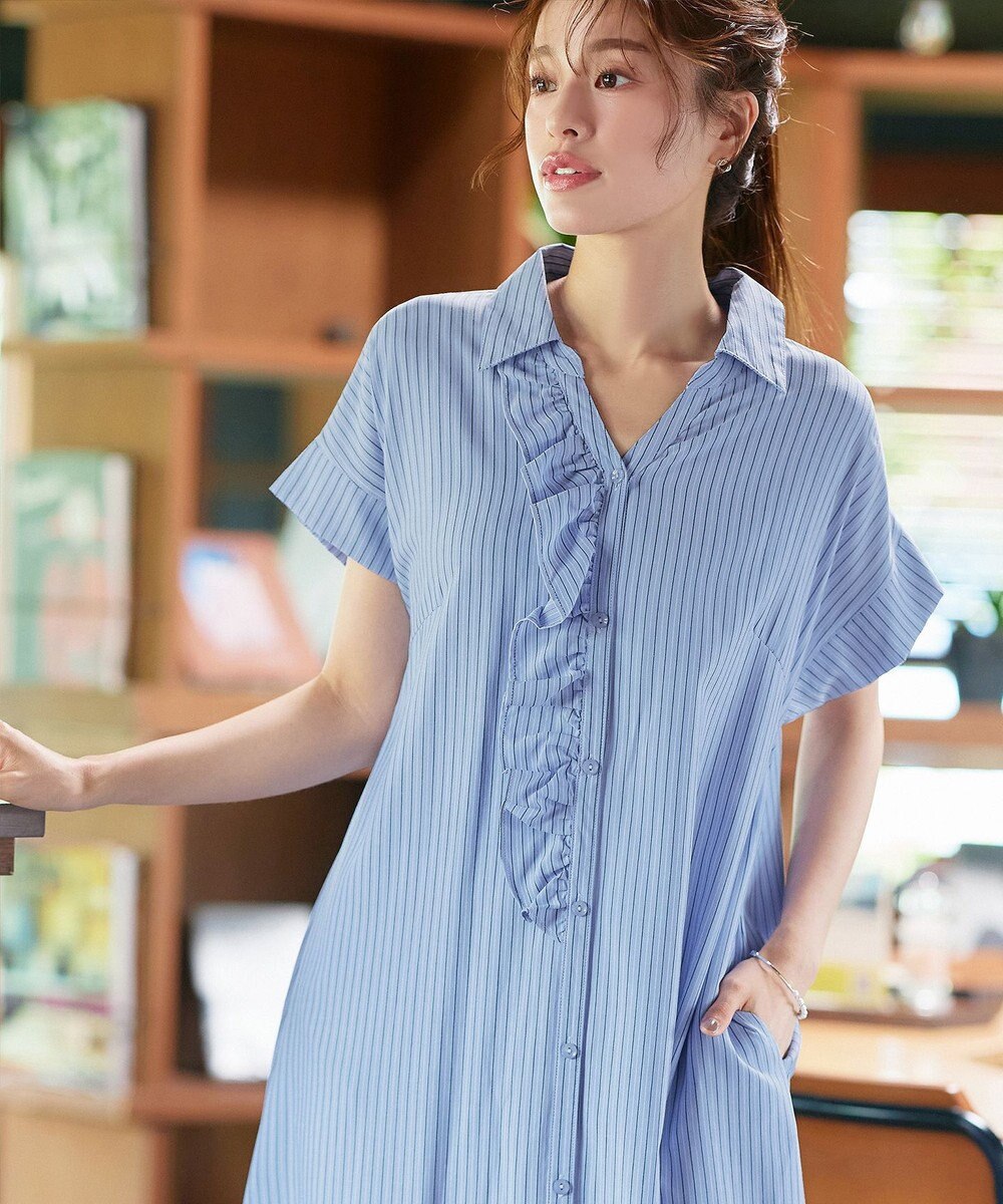 Tiaclasse L 【洗える】ストライプフリルシャツワンピース 