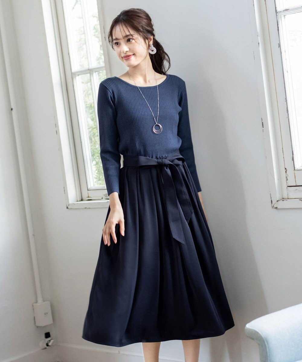 Tiaclasse 【洗える】異素材を組み合わせたミモレ丈リブコンビワンピース 