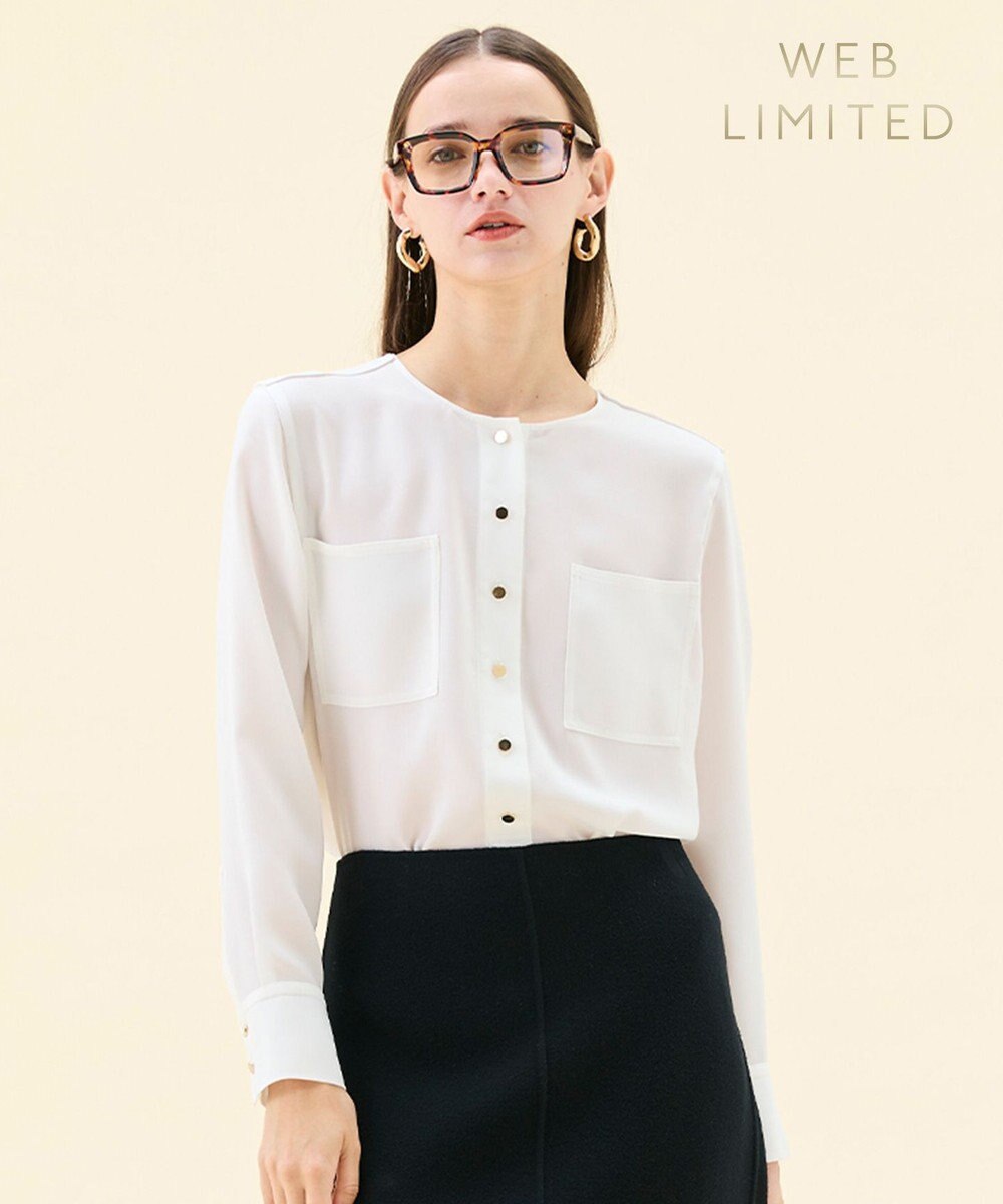 BEIGE， 【WEB限定・洗える】CLARION / ゴールド釦クルーネックブラウス 