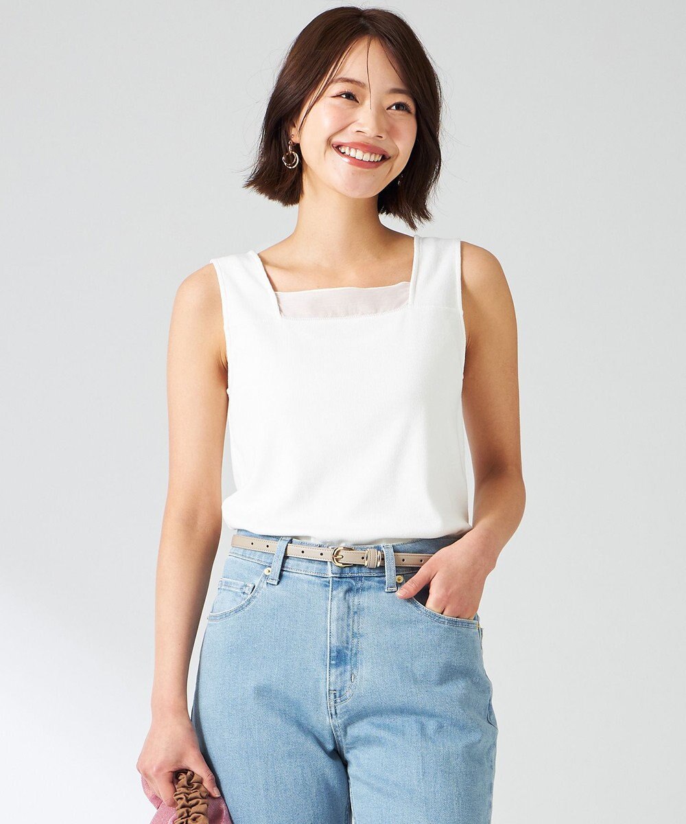 ANY SIS 【洗える】シアーコンビスクエアネック タンクトップ 