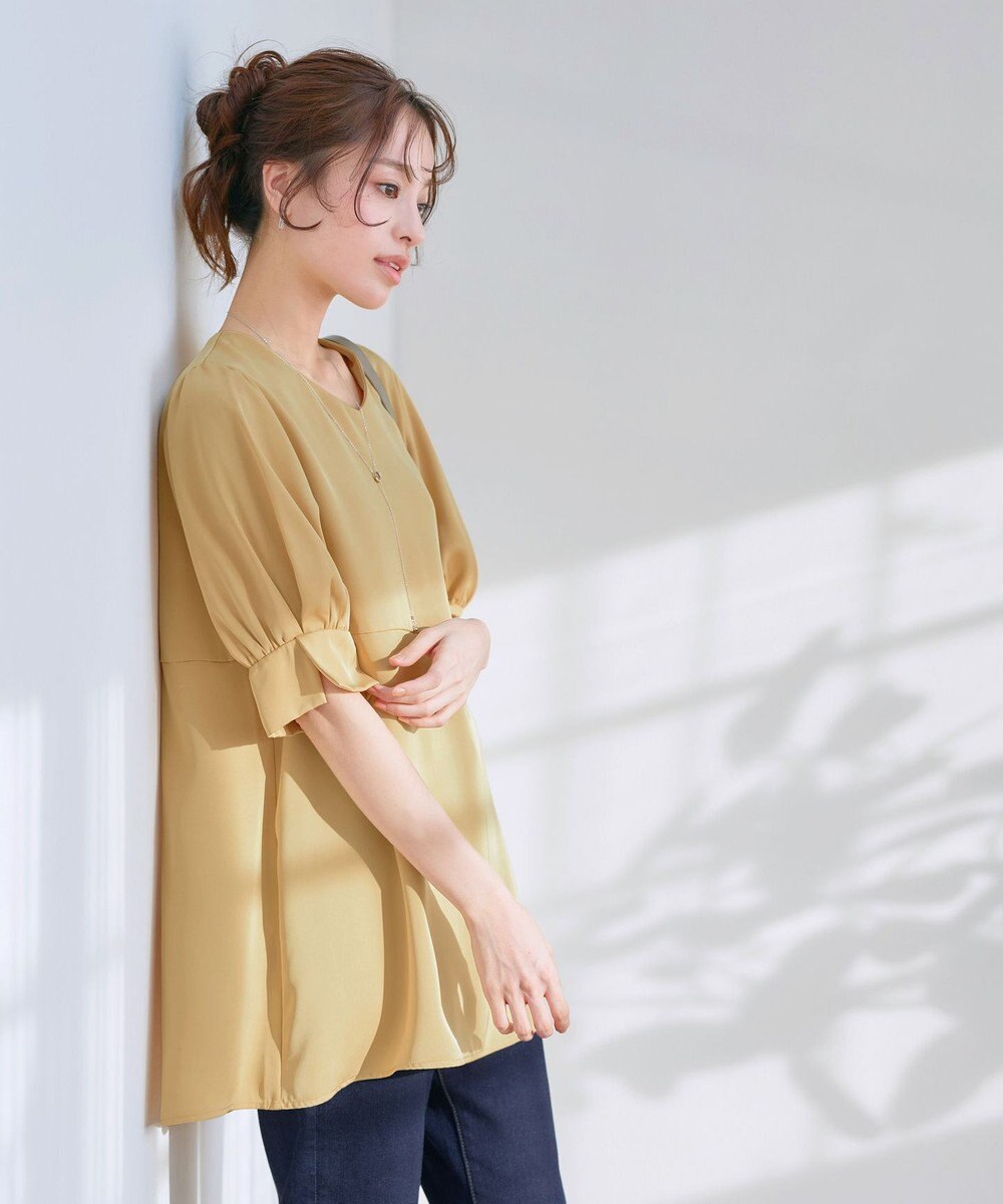 Tiaclasse 【洗える】パフスリーブ切替フレアチュニック 