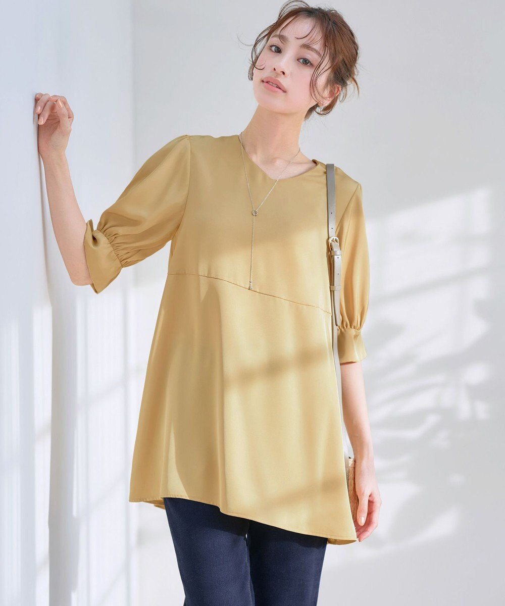 Tiaclasse L 【洗える】パフスリーブ切替フレアチュニック 