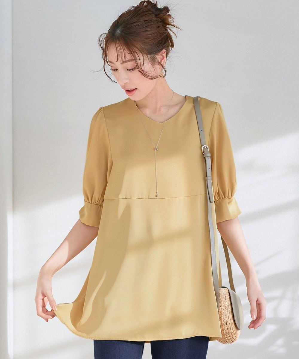 Tiaclasse L 【洗える】パフスリーブ切替フレアチュニック 