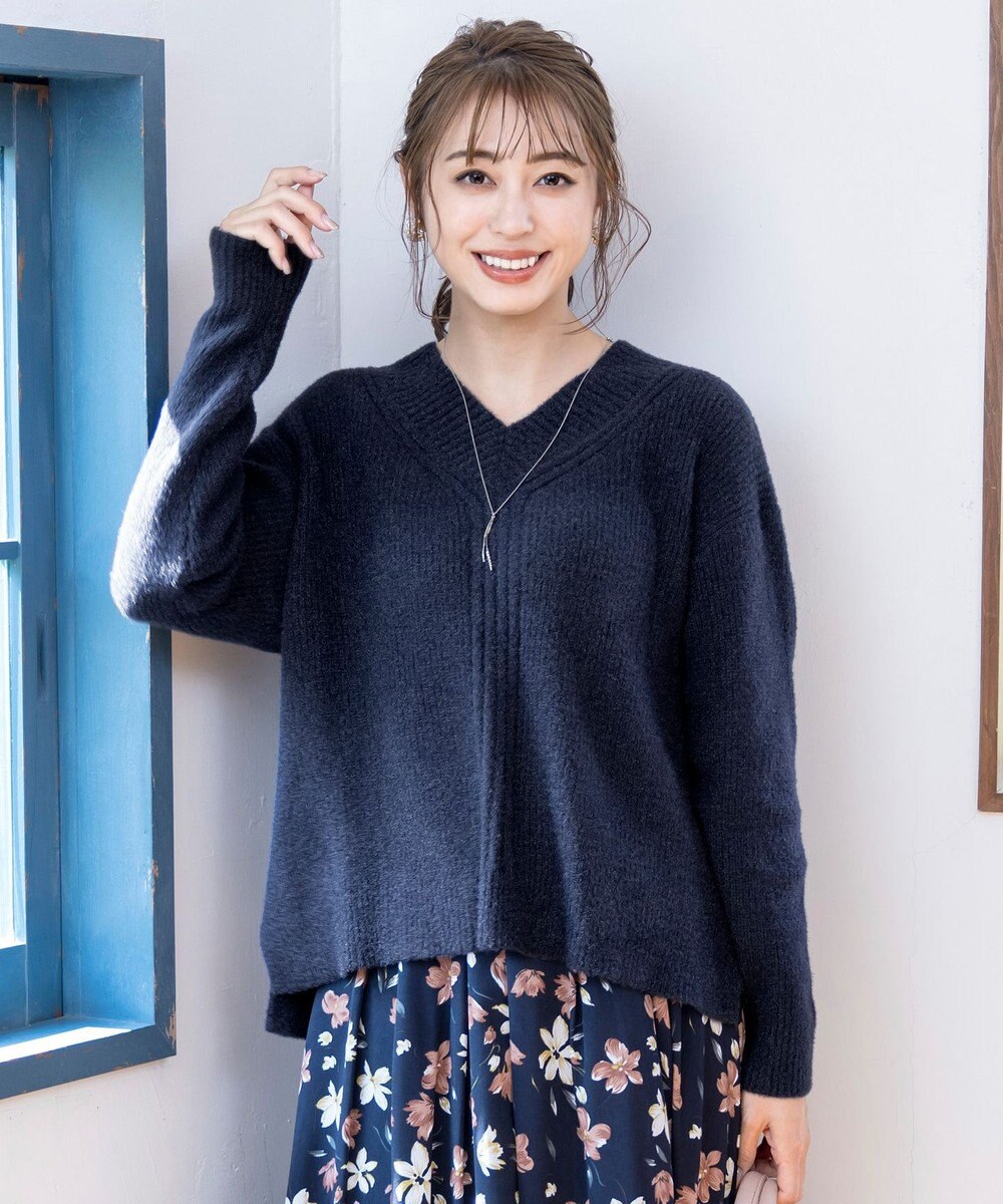 Tiaclasse L 【洗える】Vネック起毛ニットトップス 