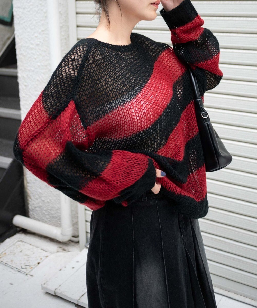 WEGO ボーダーモヘアタッチメッシュニットプルオーバー 