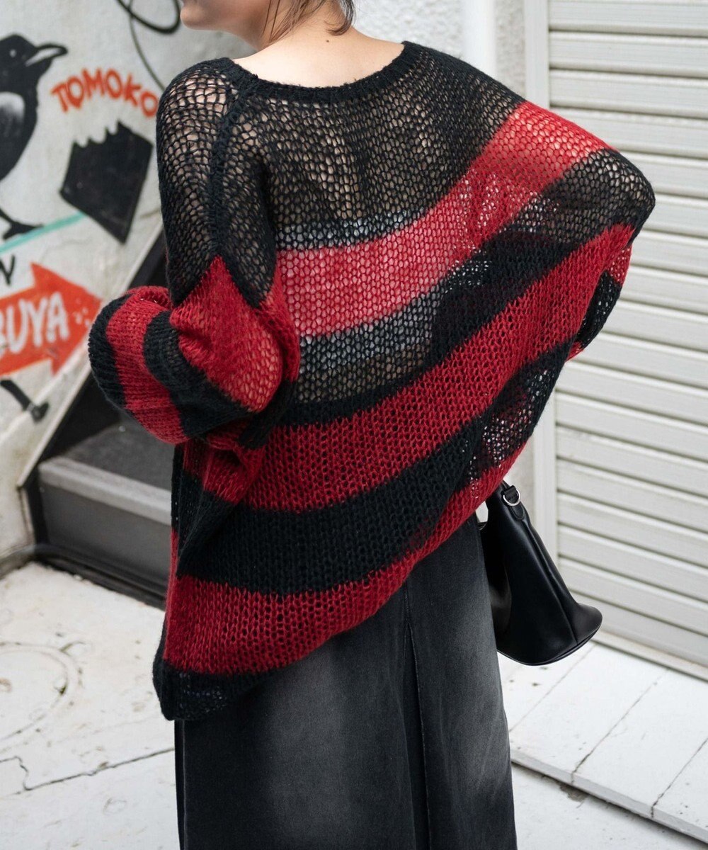 WEGO ボーダーモヘアタッチメッシュニットプルオーバー 