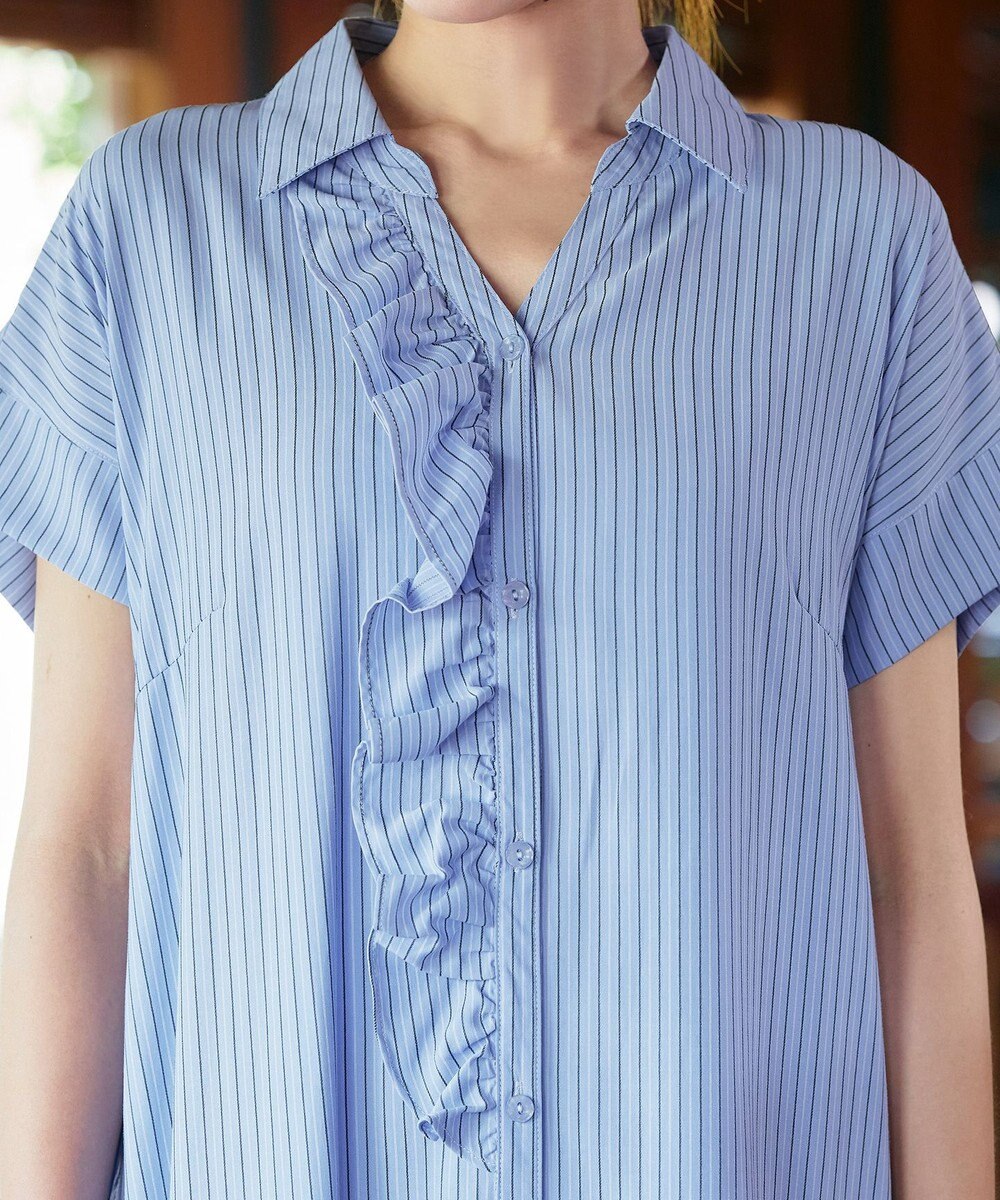 Tiaclasse L 【洗える】ストライプフリルシャツワンピース 