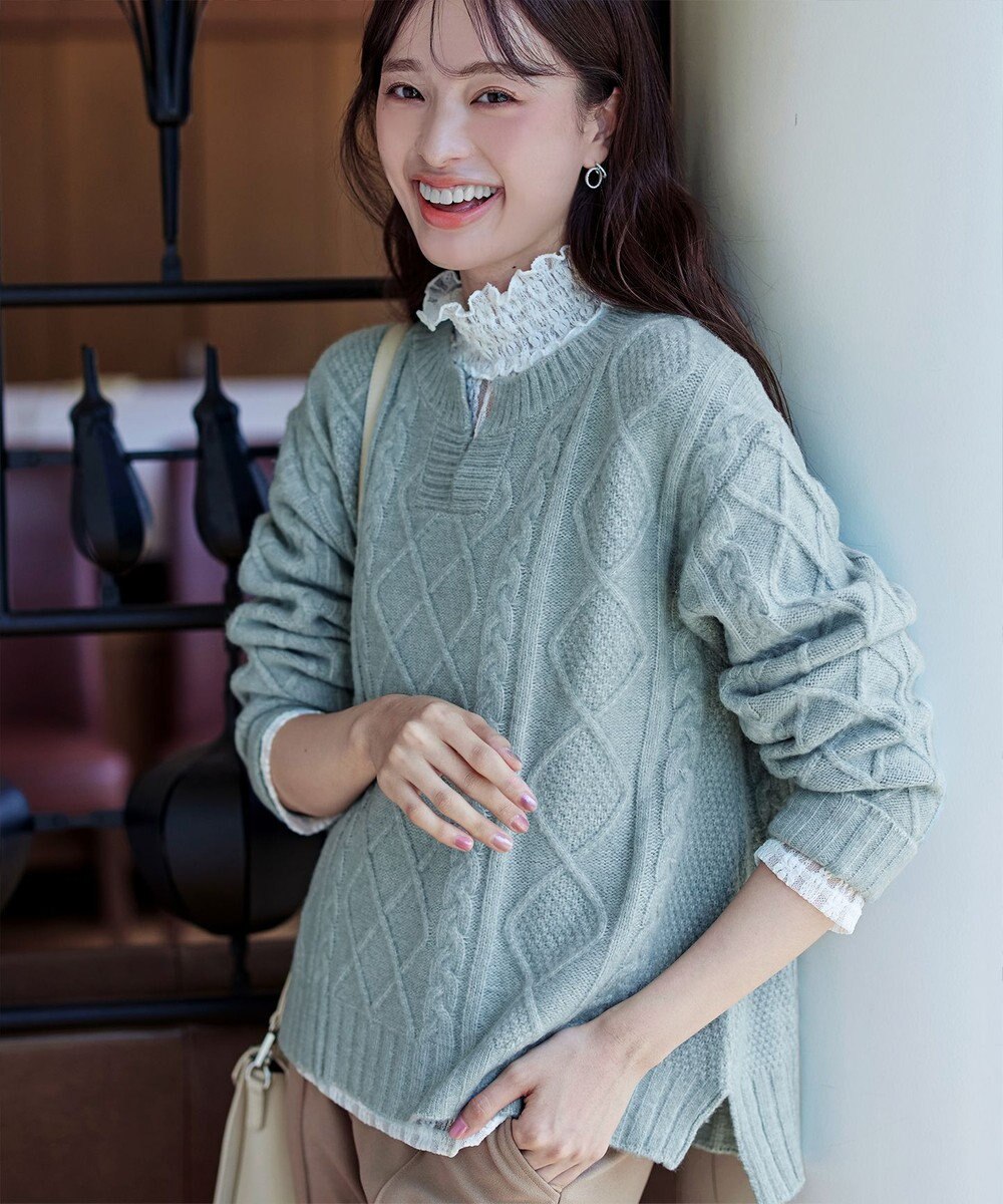 Tiaclasse L 【洗える】アラン柄キーネックニットトップス 