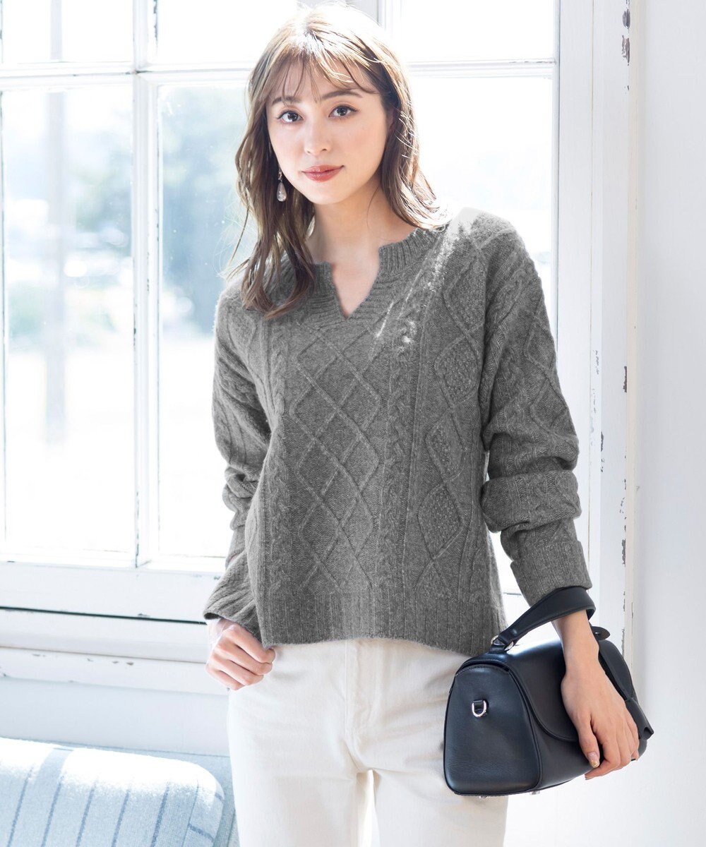 Tiaclasse L 【洗える】アラン柄キーネックニットトップス 