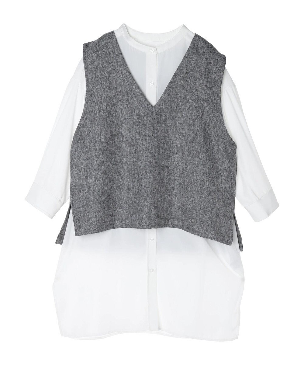 Green Parks ＳＥＴ２点Ｖネックベスト＋７分袖ミディシャツワンピース 