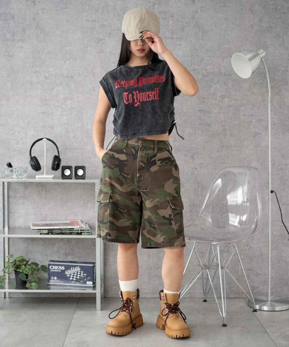 WEGO グラフィックノースリーブサイドドロストショートT 