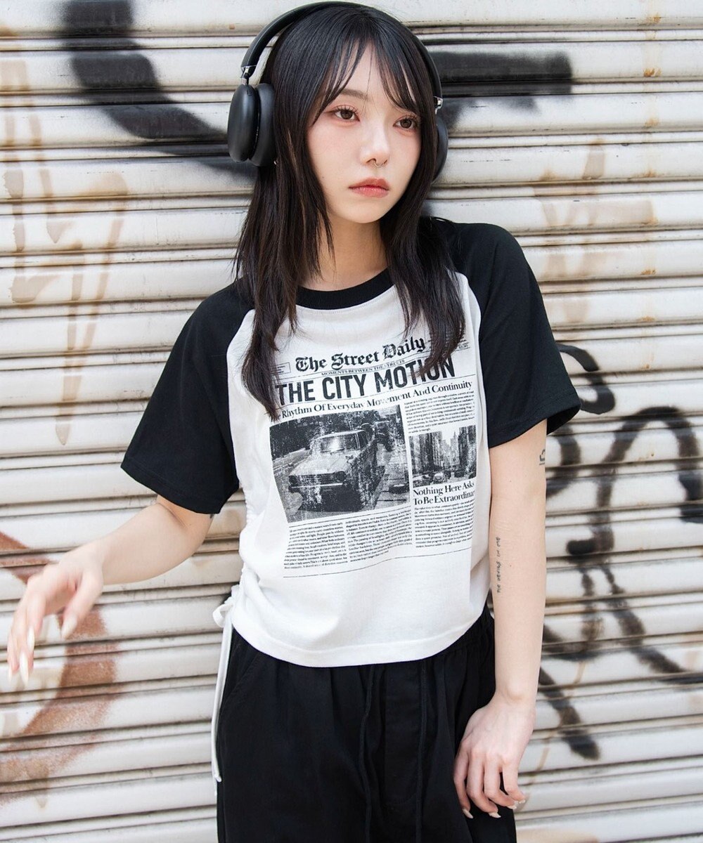 WEGO グラフィックサイドリボンドロストショートT 