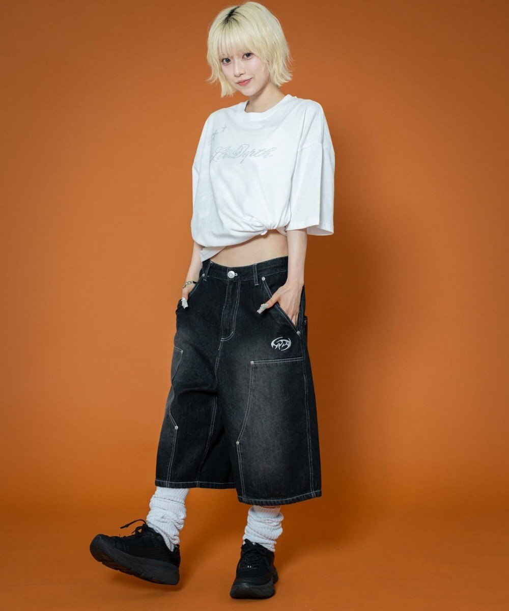 WEGO 【ユニセックス着用ITEM】ダブルニーロゴデニムショーツ 