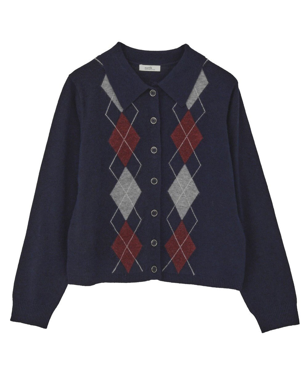 earth music&ecology 【予約】襟付きアーガイルニットカーディガン 
