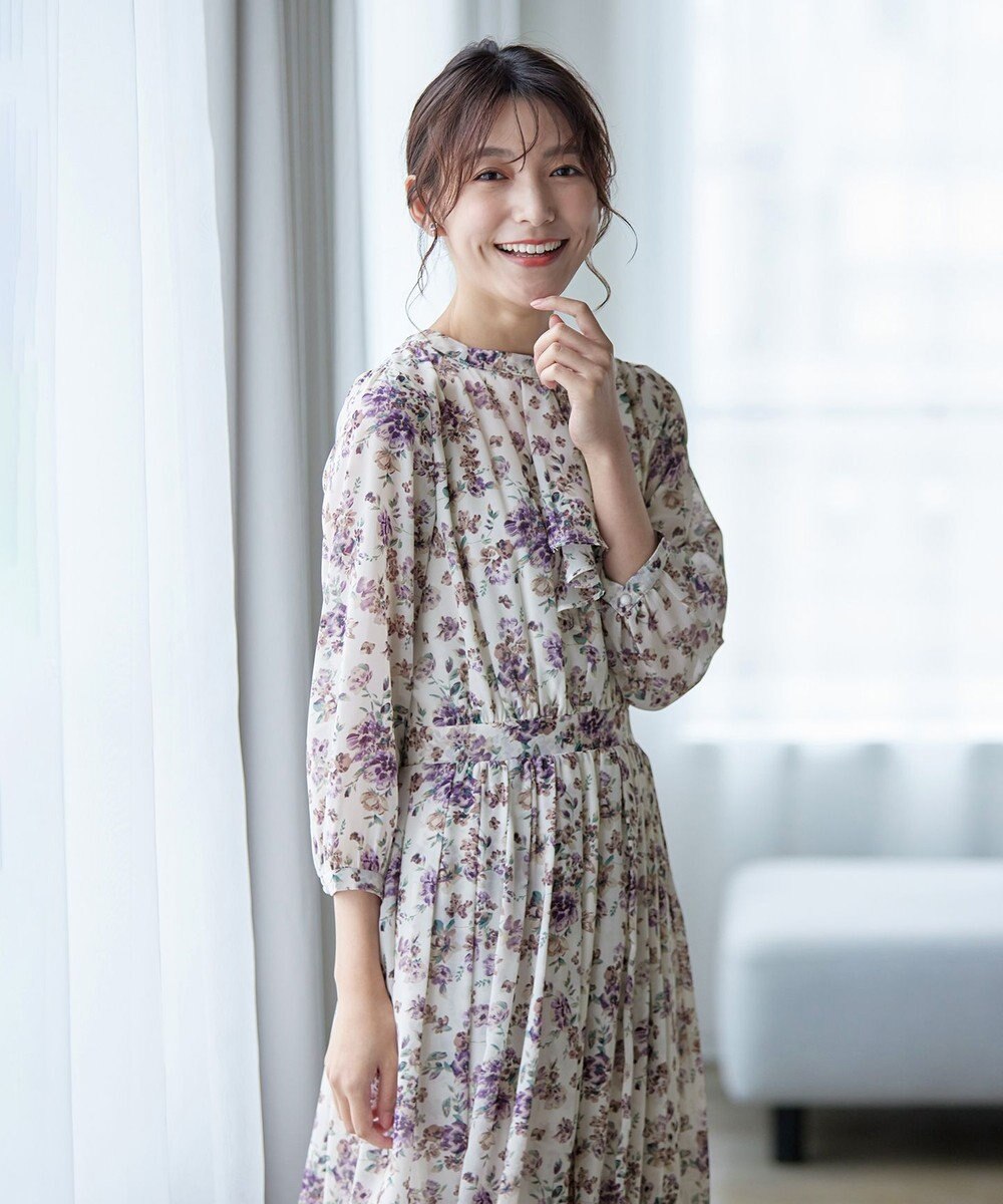 Tiaclasse L 【新色追加・洗える】花柄フリルドレープワンピース 