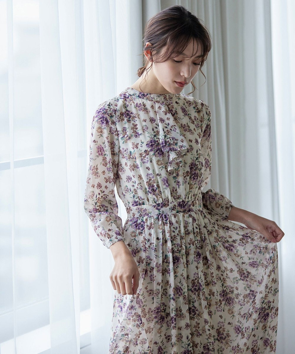 Tiaclasse L 【新色追加・洗える】花柄フリルドレープワンピース 