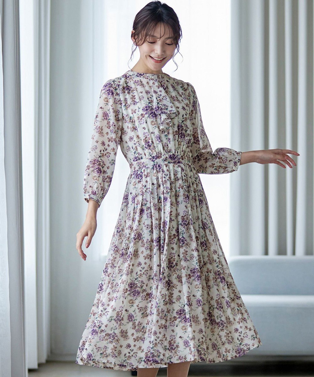 Tiaclasse L 【新色追加・洗える】花柄フリルドレープワンピース 