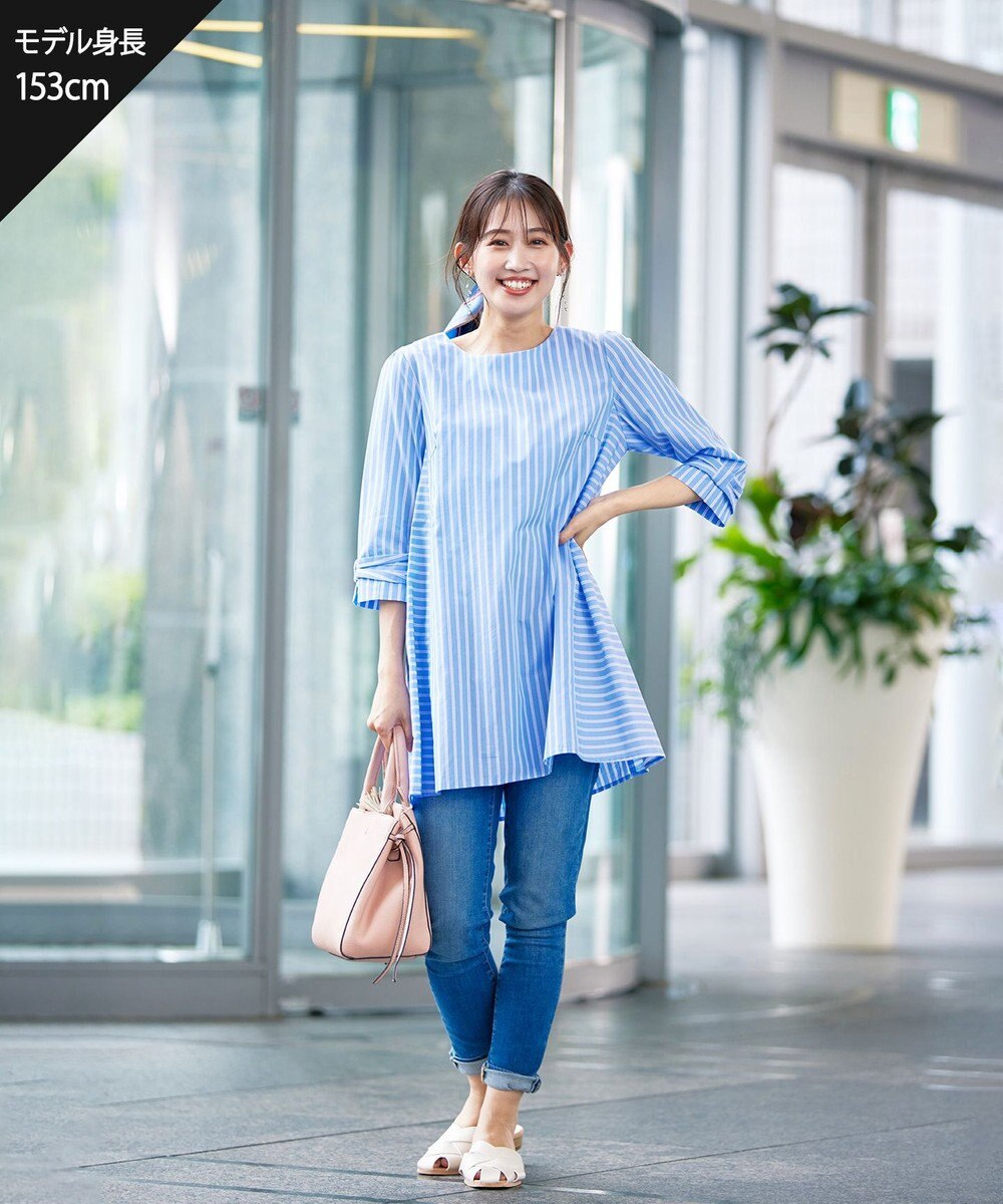 Tiaclasse 【洗える】リボンスリーブストライプチュニックブラウス 