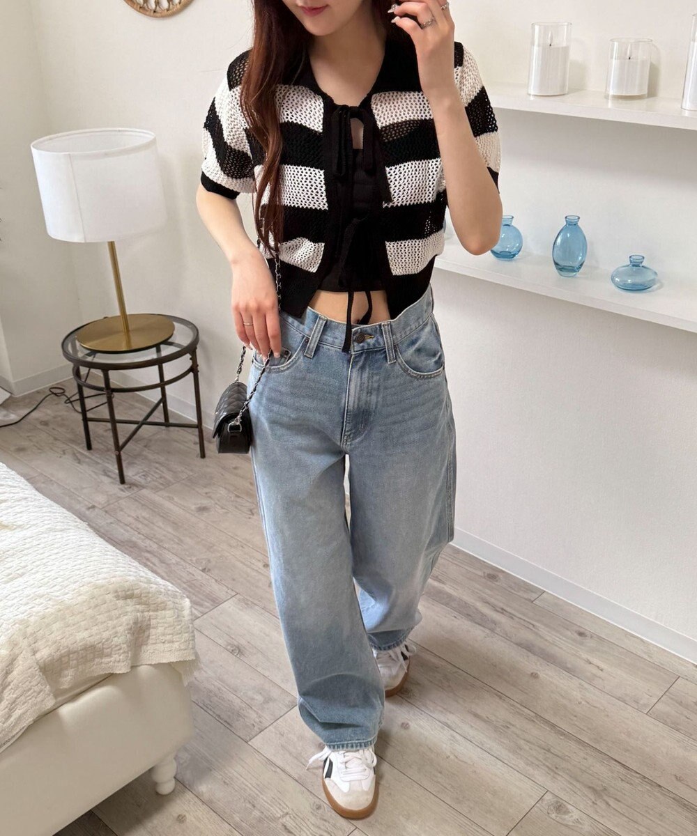 WEGO 襟付きリボンメッシュショートカーデ 