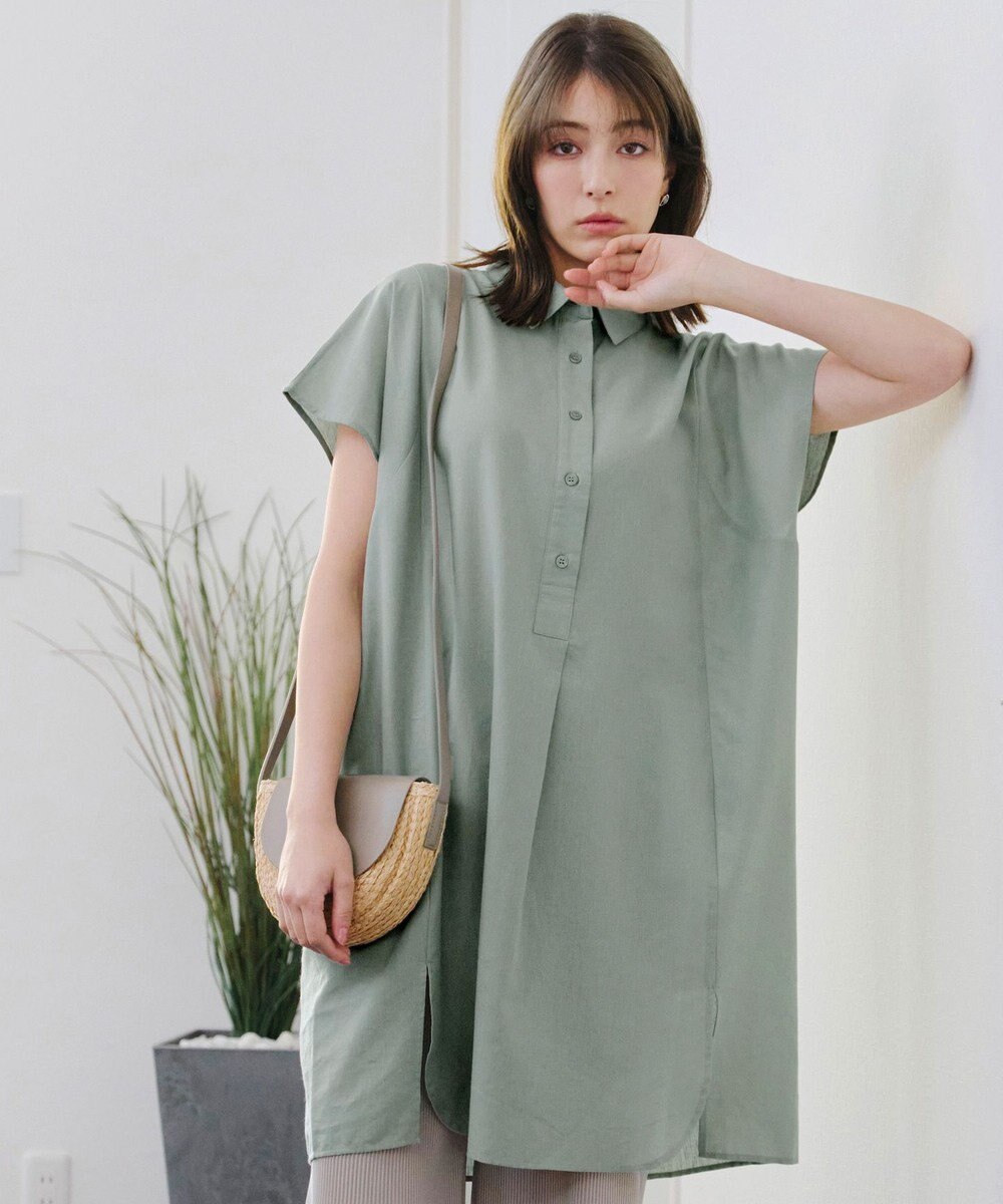 Tiaclasse 【洗える】フレンチスリーブリネンチュニックシャツ 