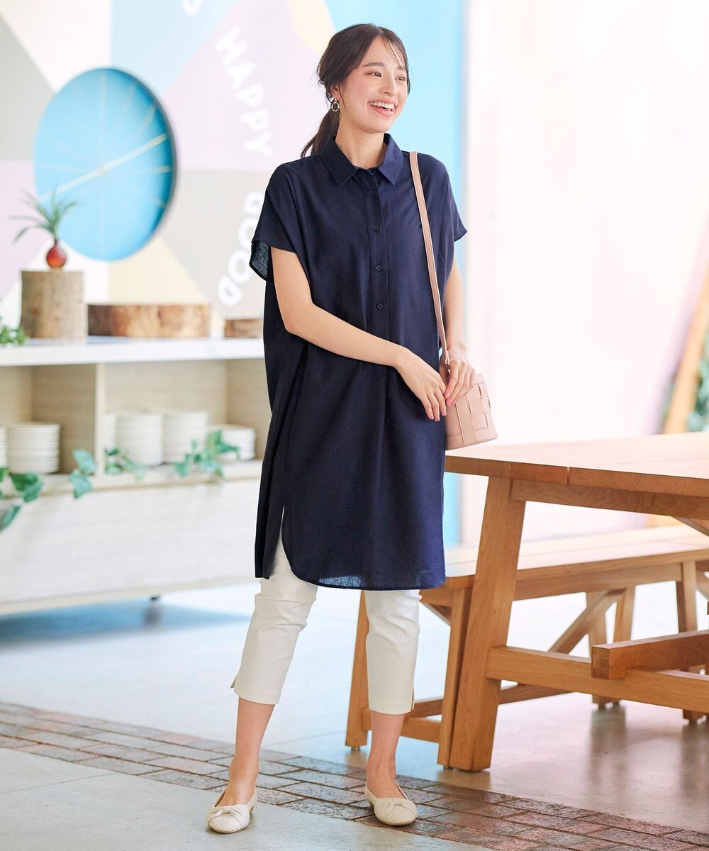 Tiaclasse 【洗える】フレンチスリーブリネンチュニックシャツ 