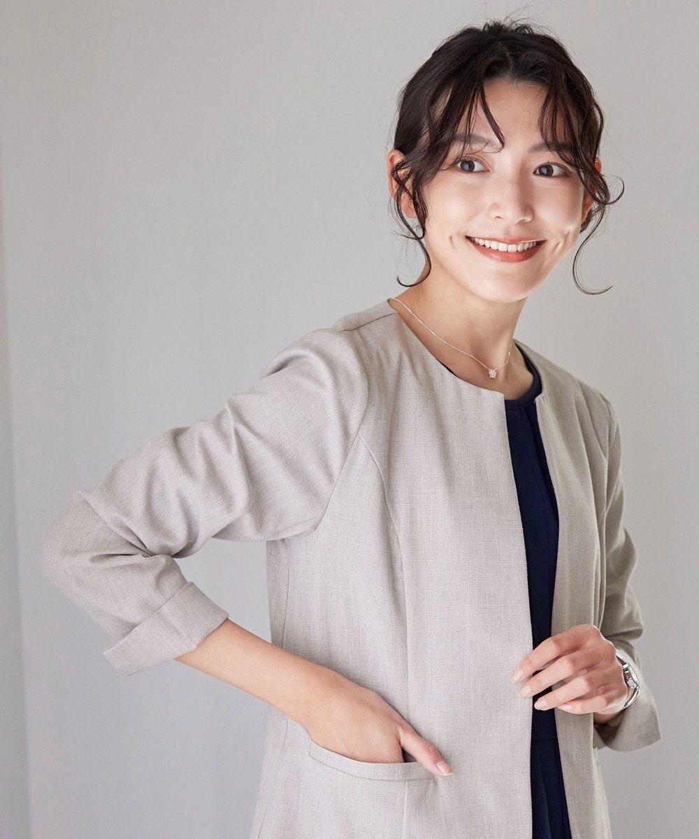 Tiaclasse L 【新色追加・洗える】麻調薄地キーネックジャケット 