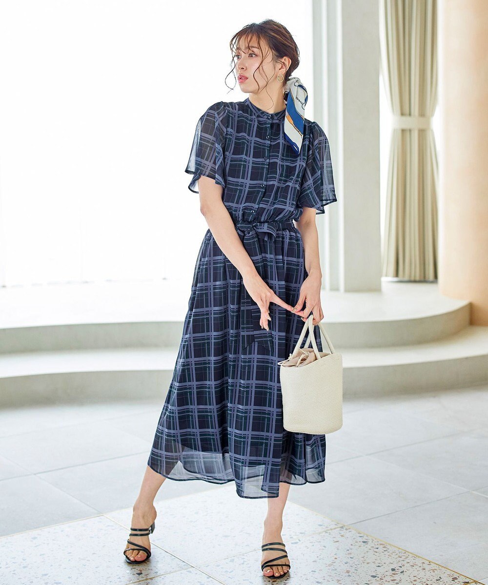 Tiaclasse L 【新色追加・洗える】チェック柄フレア袖シアーワンピース 