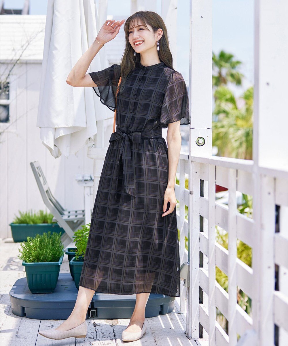 Tiaclasse 【新色追加・洗える】チェック柄フレア袖シアーワンピース 