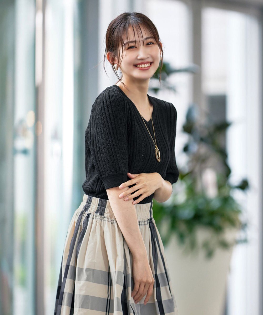 Tiaclasse L 【洗える】パフスリーブ透かし編みニットトップス 