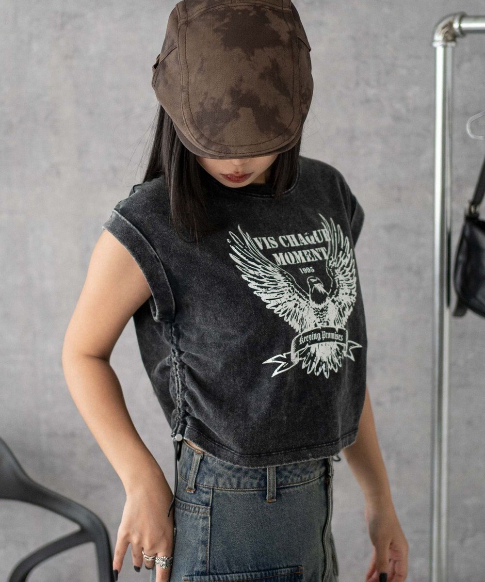 WEGO グラフィックノースリーブサイドドロストショートT 