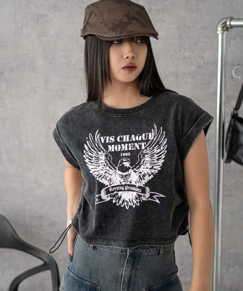 WEGO グラフィックノースリーブサイドドロストショートT 