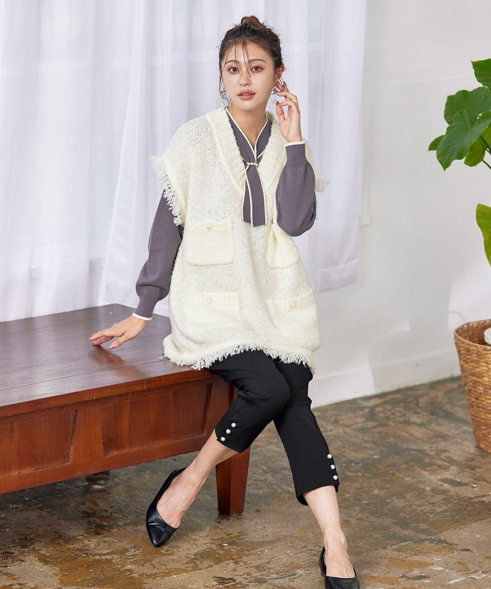 Tiaclasse 【洗える】ツイード見えフリンジニットベスト 