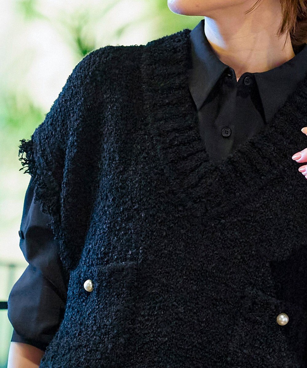 Tiaclasse 【洗える】ツイード見えフリンジニットベスト 