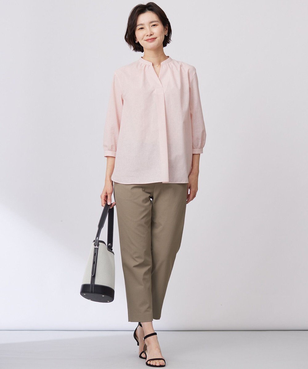 J.PRESS LADIES 【洗える】リネンminiチェック バンドカラー プルオーバー ブラウス 