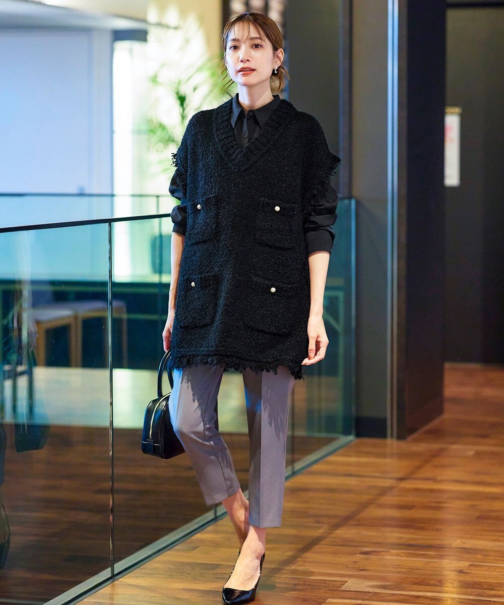 Tiaclasse 【洗える】ツイード見えフリンジニットベスト 