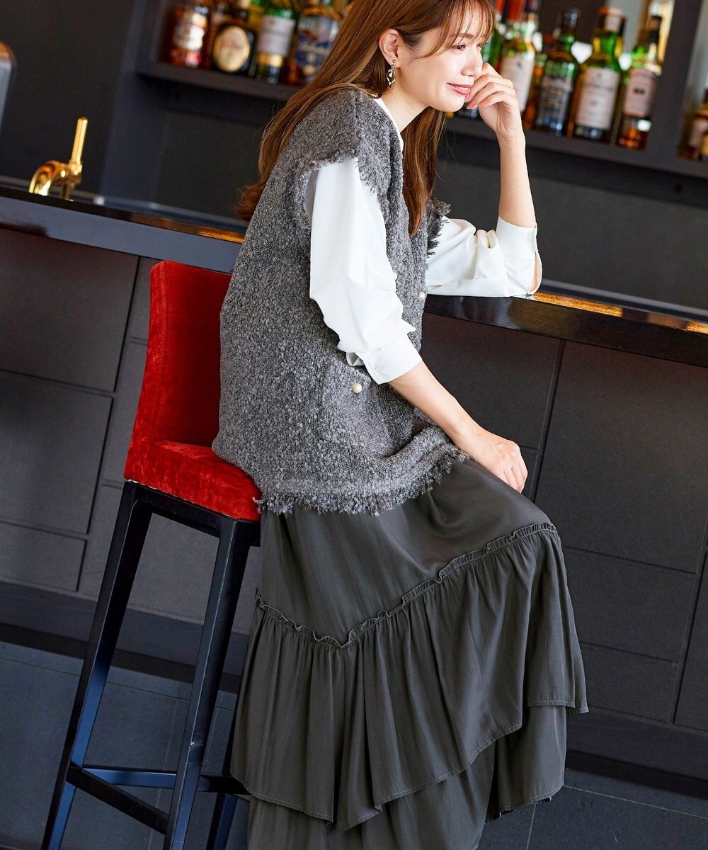 Tiaclasse 【洗える】ツイード見えフリンジニットベスト 